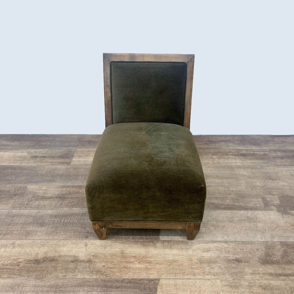 Slipper chair with olive green velvet and solid wood frame, brand Reperch.