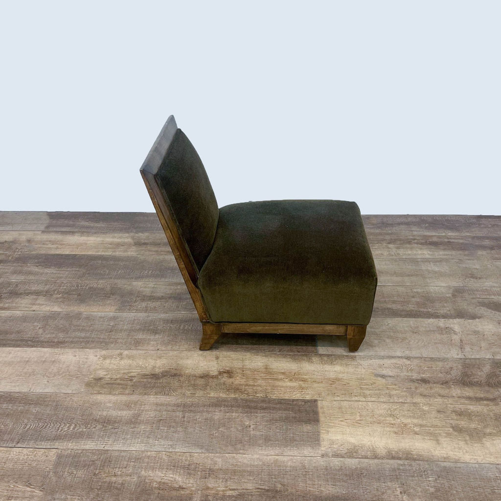 Reperch slipper chair, olive velvet fabric, wooden frame, lounge furniture.