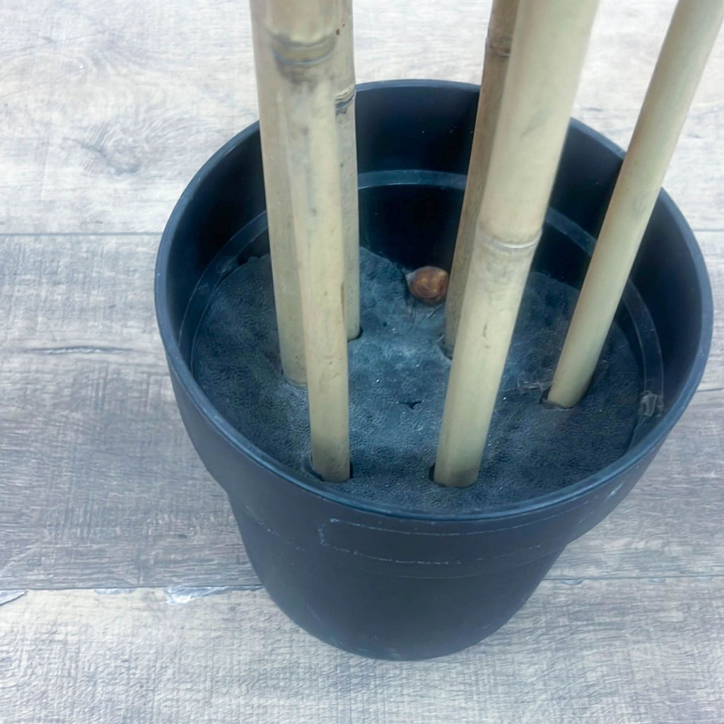 Close-up of artificial bamboo stalks in a black pot.