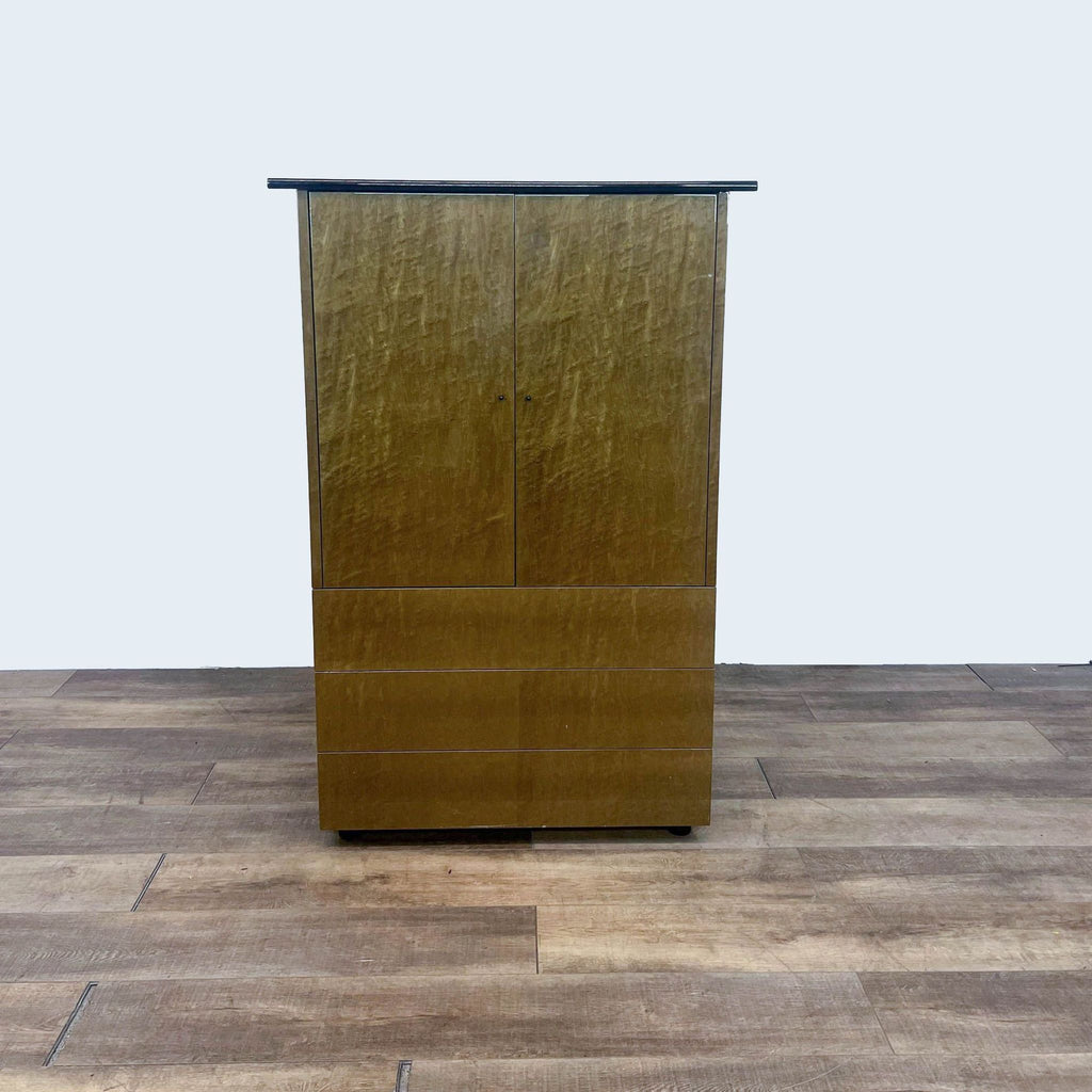 Art Deco burl wood cabinet by Reperch with drawers and upper shelves.