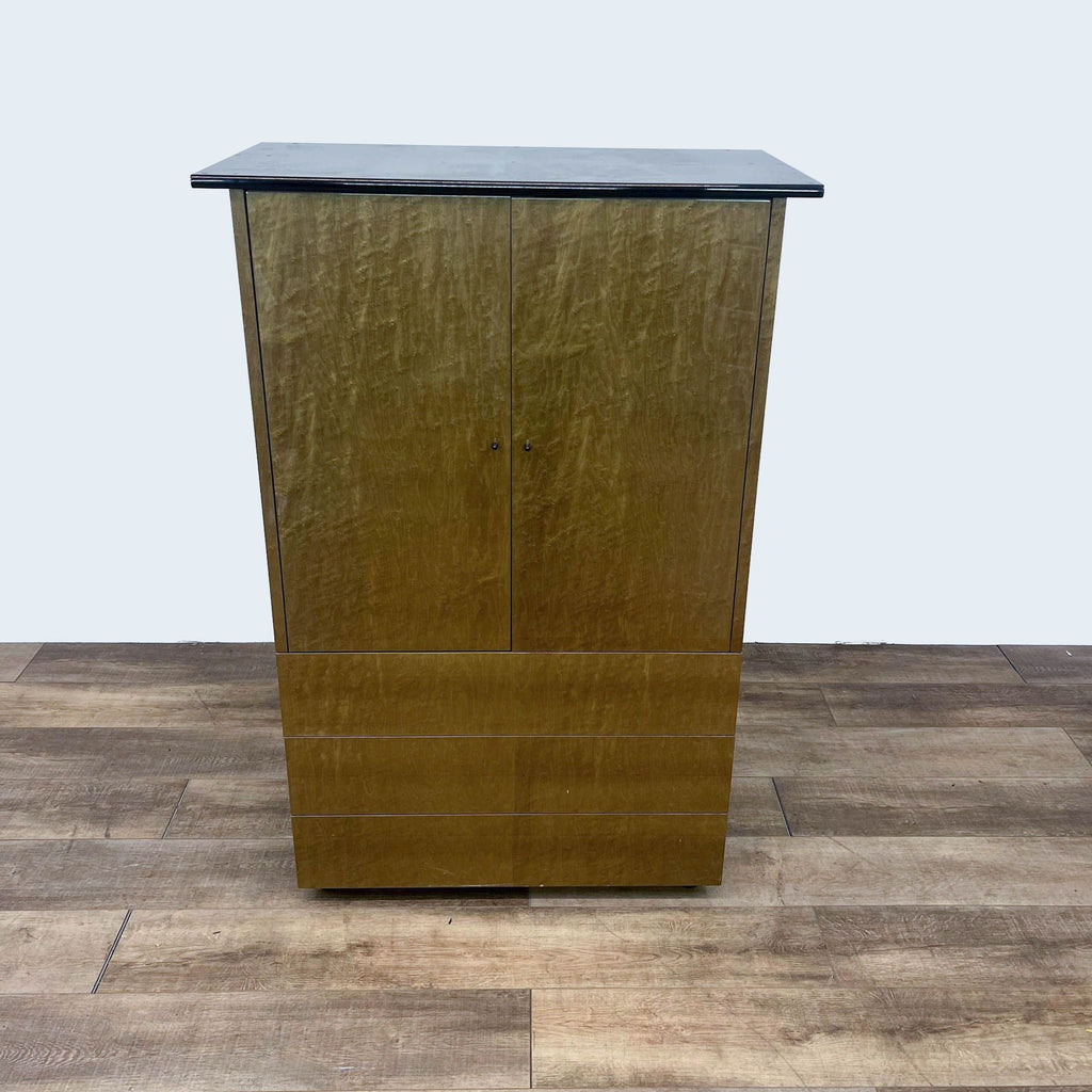 Reperch Art Deco style cabinet with burl veneer, shelves, and three drawers.