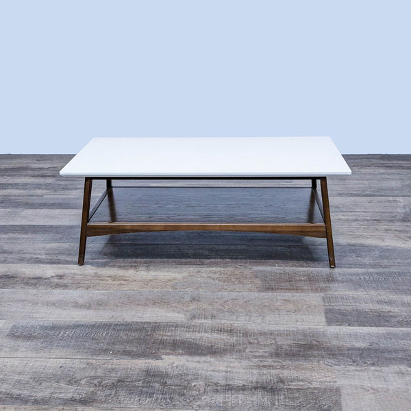 Modern wood-finish coffee table with shelf, by Olliix.