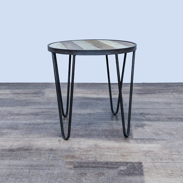 Reperch end table with hairpin metal legs and a round wooden top.