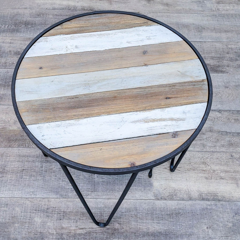 Top view of Reperch end table, displaying striped wood surface and hairpin legs.