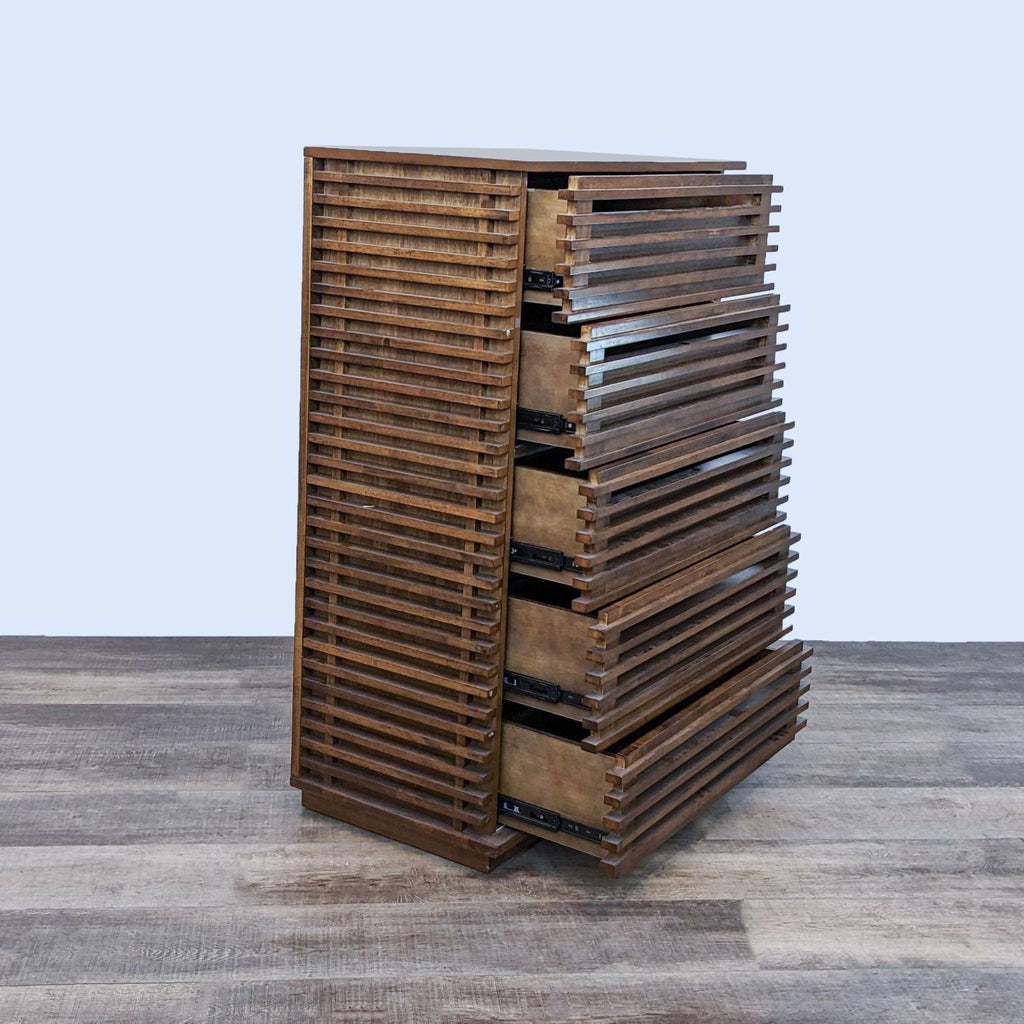 Five-drawer dresser with open access, slatted front and sides, no hardware by Zuo Modern.