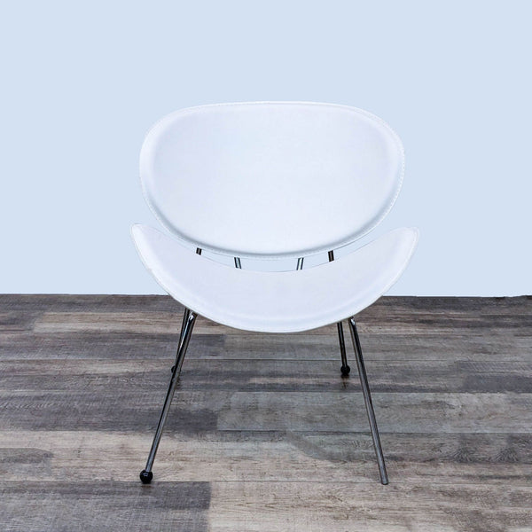 Front view of the Luther lounge chair with curved leatherette seat and chromed legs by Strick & Bolton.