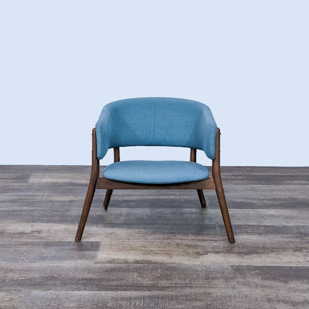 Front view of a blue lounge chair with a wooden frame.