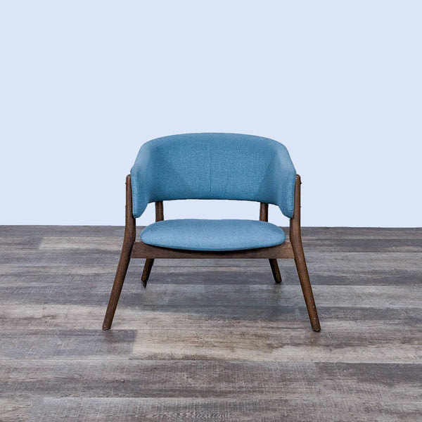 Front view of a blue lounge chair with a wooden frame.