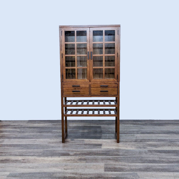 Reperch cabinet with glass doors, two drawers, and two shelves; inside shelves missing.