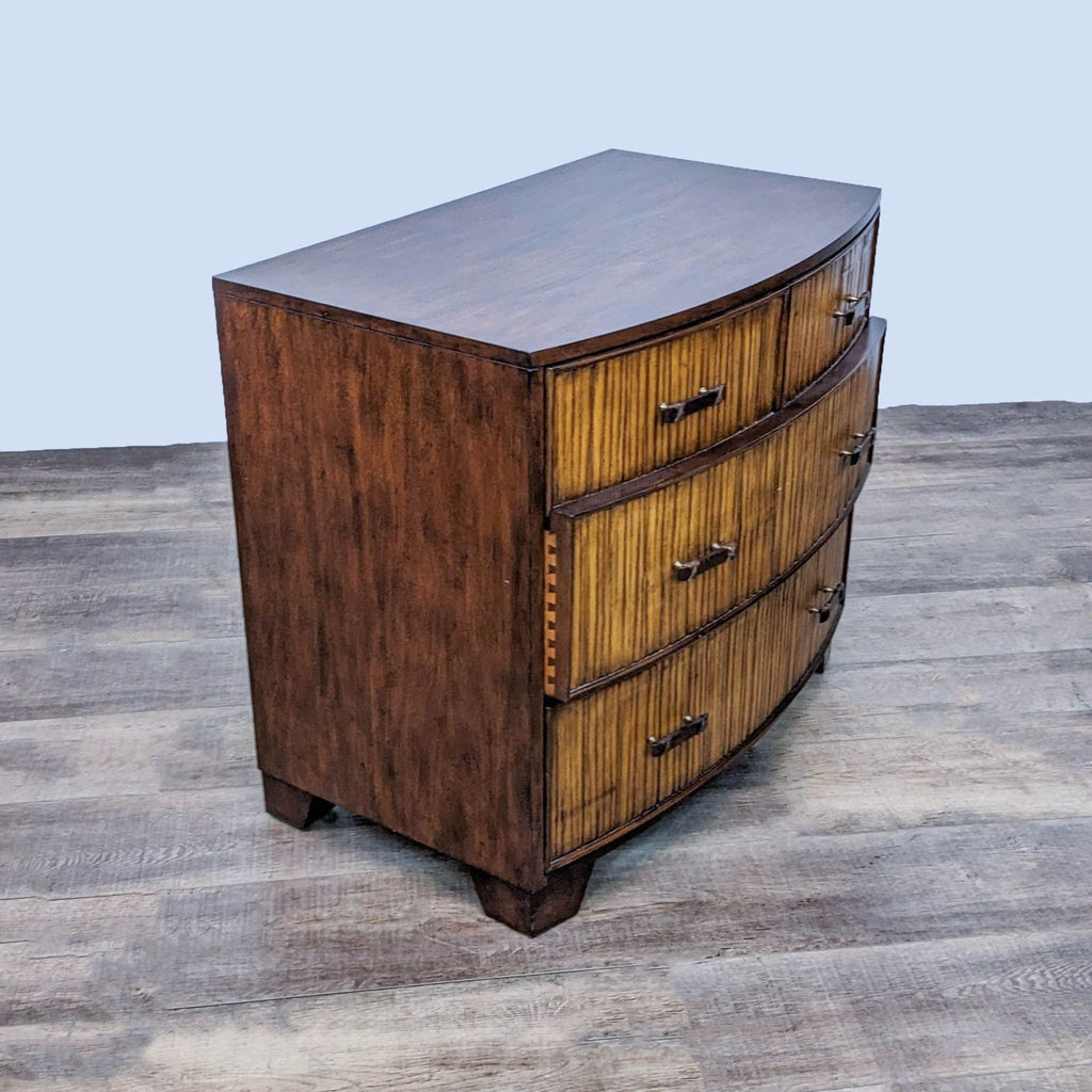 Side view of Ethan Allen nightstand, showcasing bamboo-lined drawers.