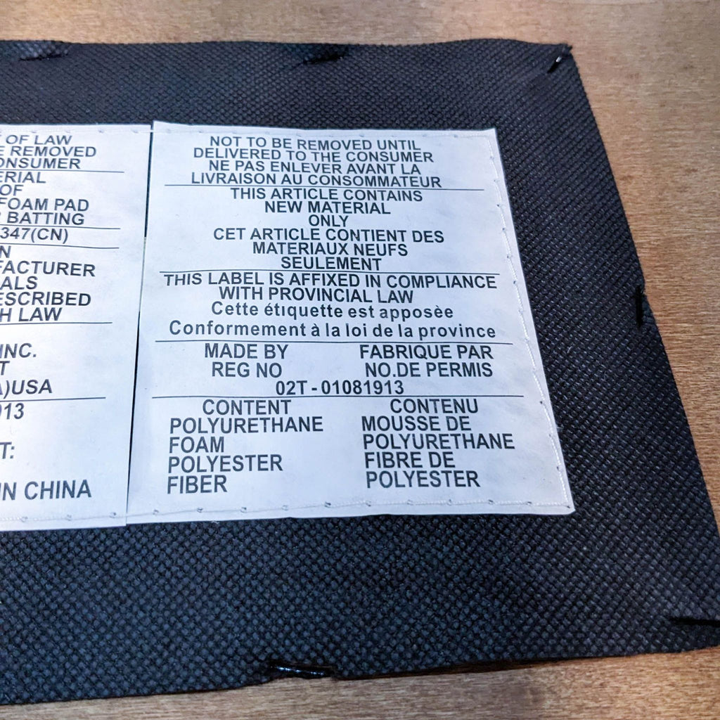 3. Product tag showing material contents and compliance label for polyurethane foam and polyester fiber.