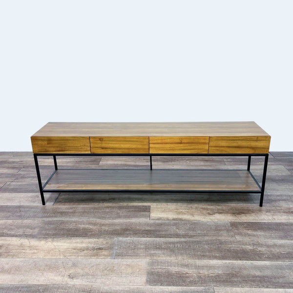 Sleek wood top credenza with metal base, featuring a minimalist design.  