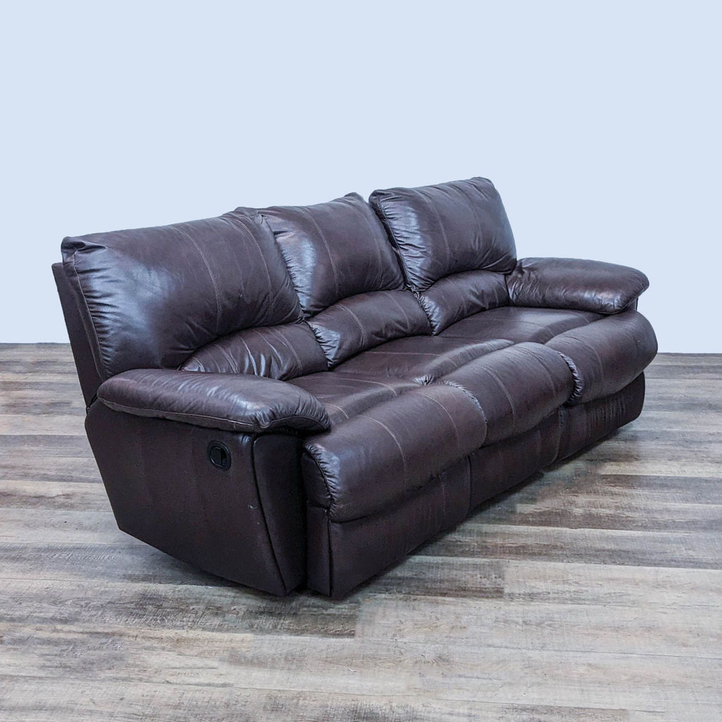 Reperch high back 3-seat sofa in sleek brown leather-look, featuring pillow-top armrests.