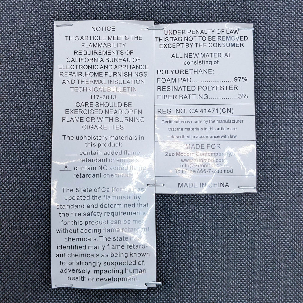 Flammability notice and material details for Zuo Modern Whisp dining chair.