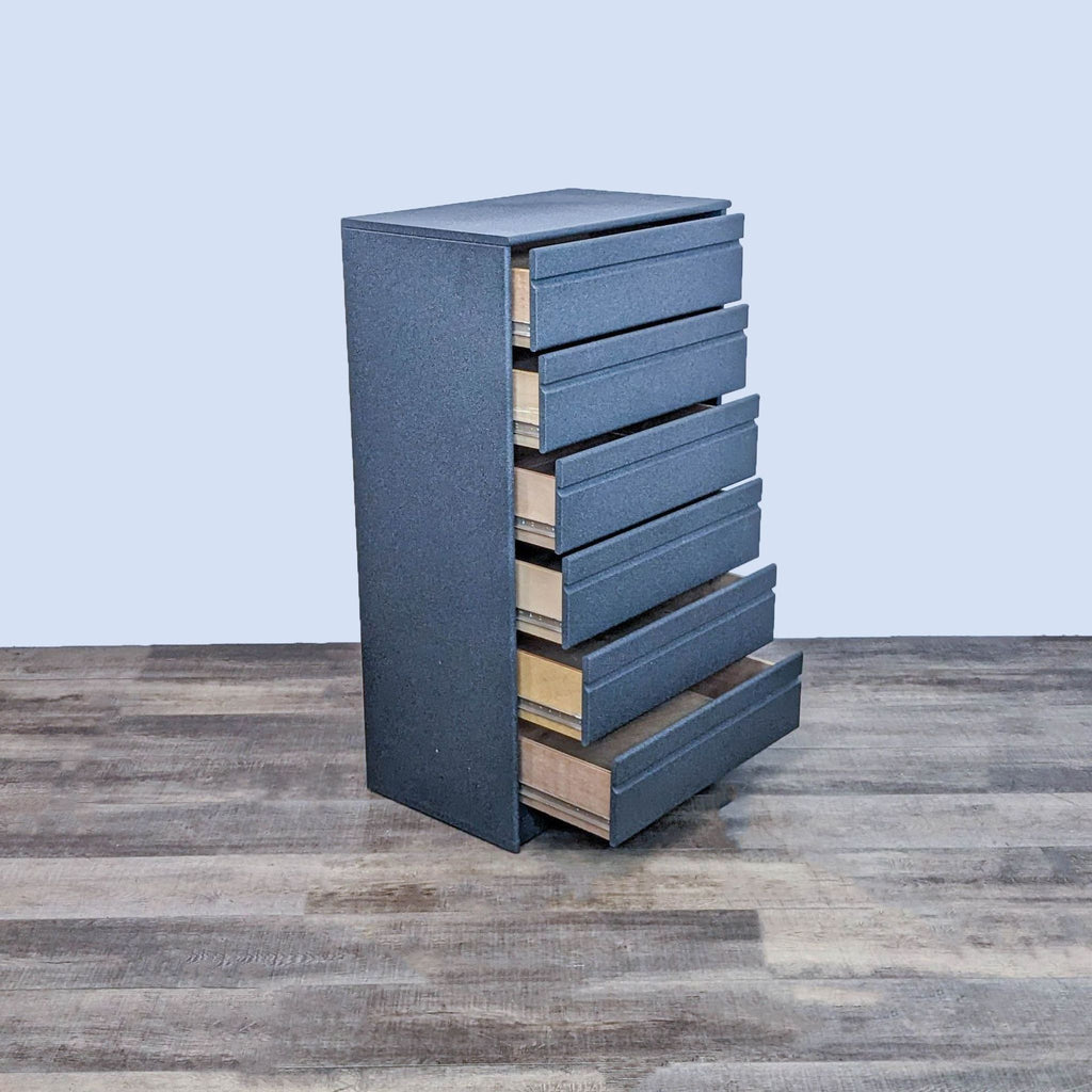 Angled view of Reperch dresser with open drawers and black finish.