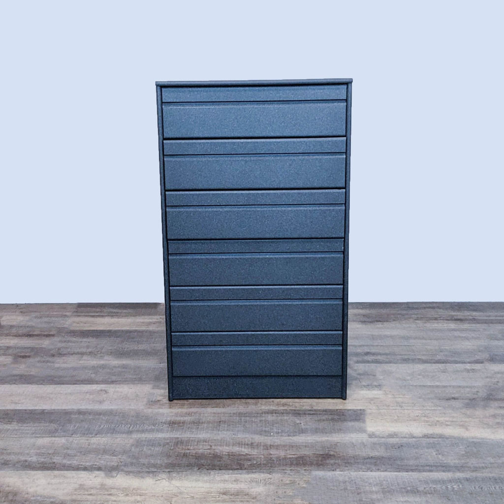Front view of a modern 6-drawer dresser with a stone-like finish and grooved handles.