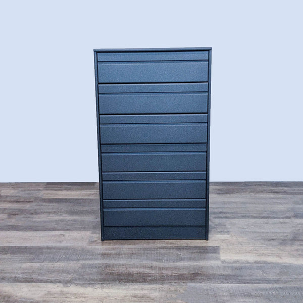 Front view of a modern 6-drawer dresser with a stone-like finish and grooved handles.