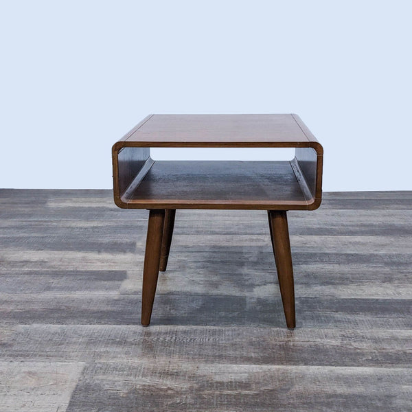 Mid-century modern wooden end table with open shelf design by Reperch.  