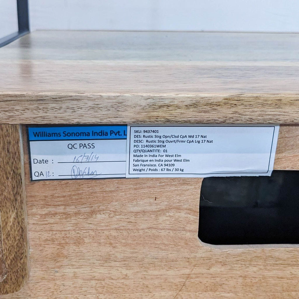 Close-up of the product label with specifications and quality check details.