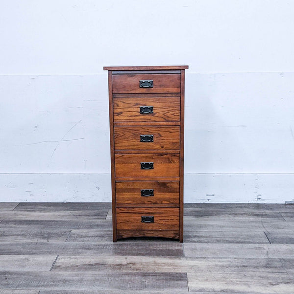 Solid wood lingerie chest with six drawers featuring metal drop handles.
