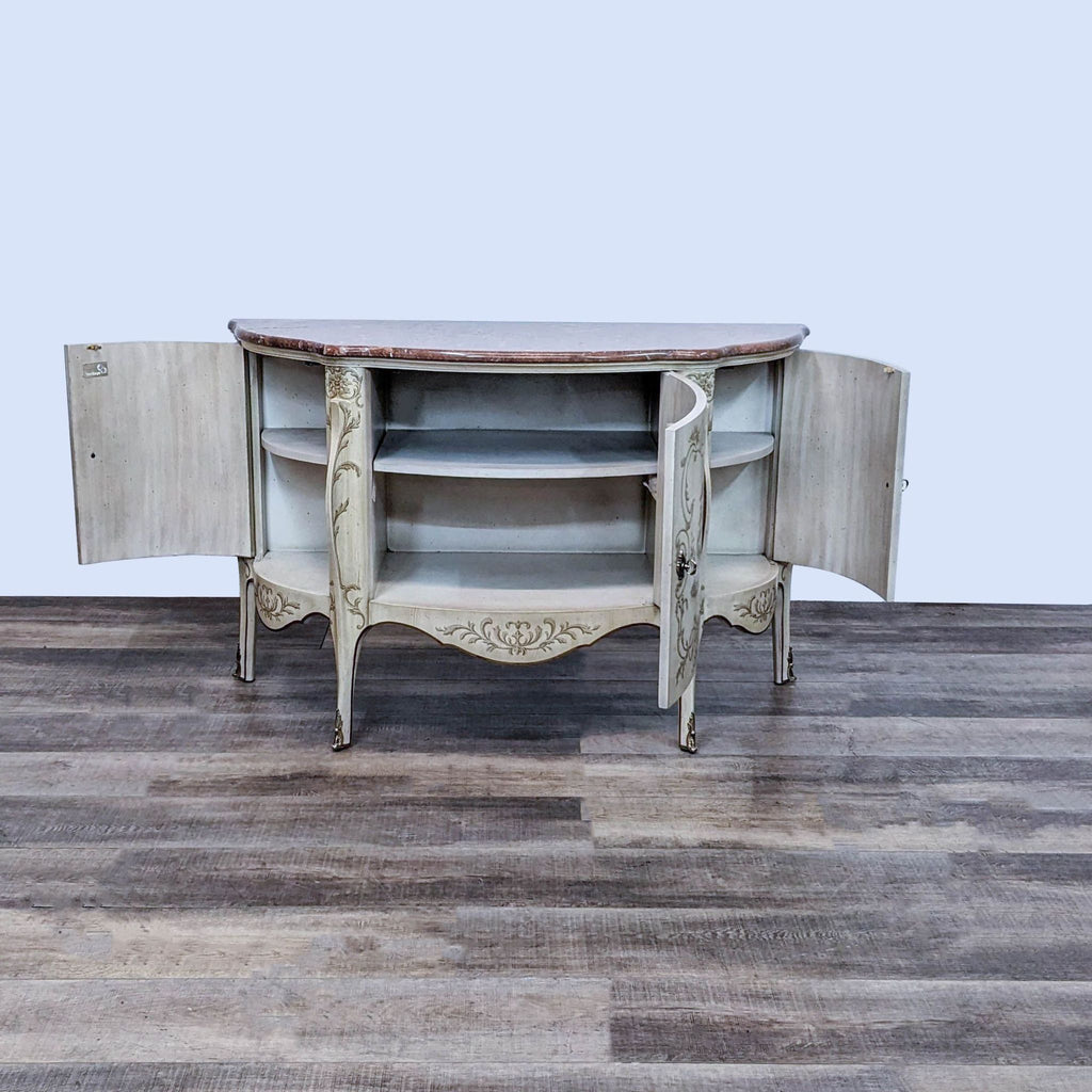 Open demilune cabinet with marble top and shelves inside, showing storage space, Drexel Heritage.