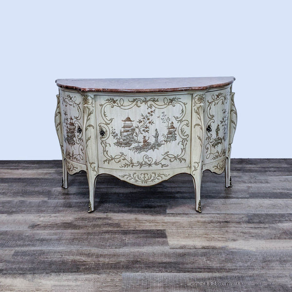 Chinoiserie demilune table with marble top and detailed paintings, Drexel Heritage. 
