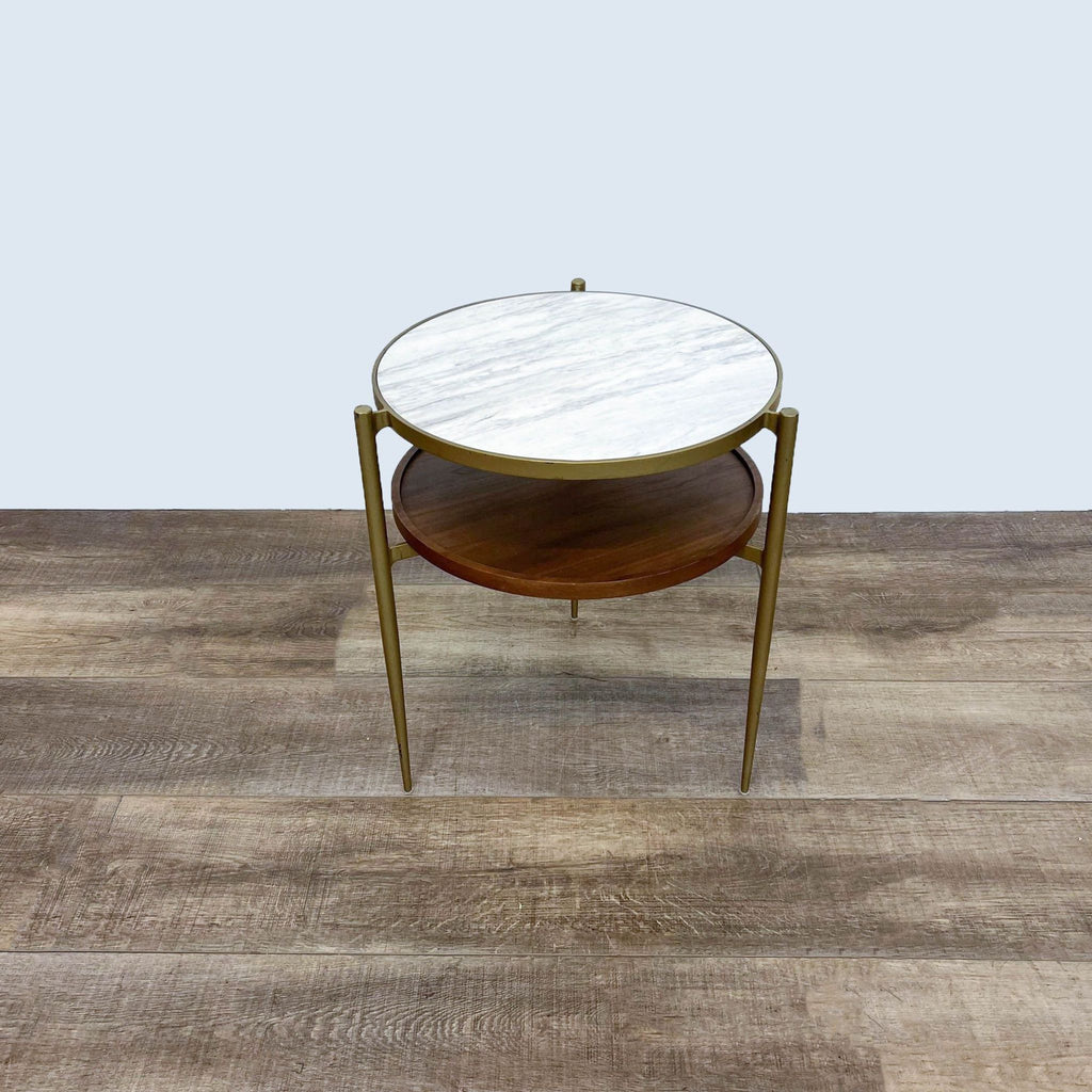 2. Elegant console table featuring a marble-like top and wooden bottom shelf.