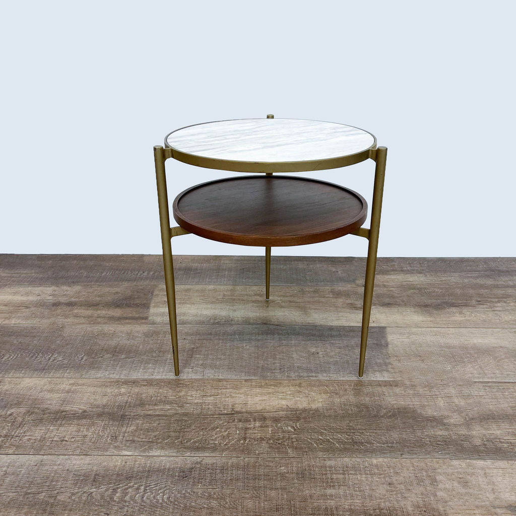 1. Round side table with a stone top and wooden shelf on a metal frame.