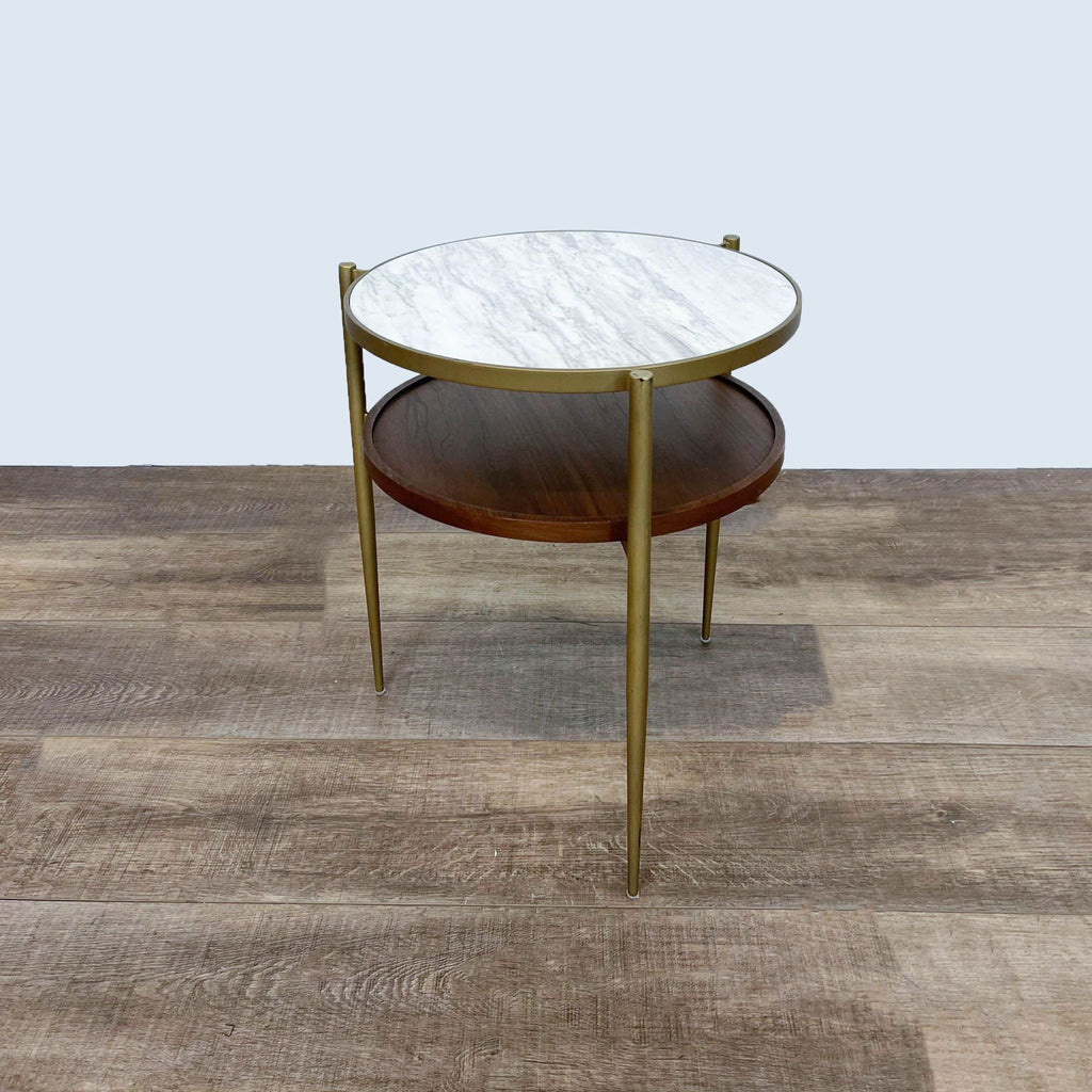 3. Stylish Reperch side table with a stone surface and wooden shelf.