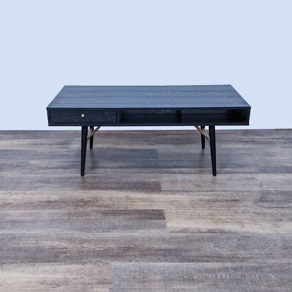 Reperch coffee table with dark wood finish, featuring a drawer and open compartments.