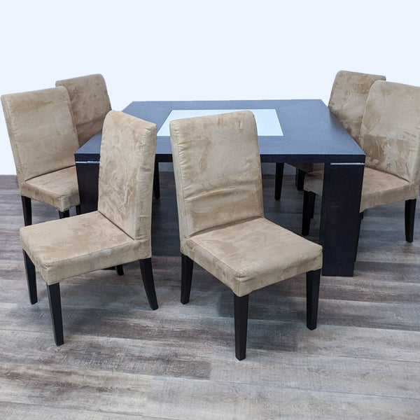 Dining set with dark table, six beige chairs, glass insert, fits eight comfortably. Wenge finish.  