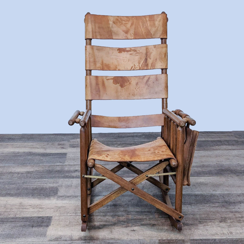 Costa Rican Wood and Leather Folding Rocking Chair
