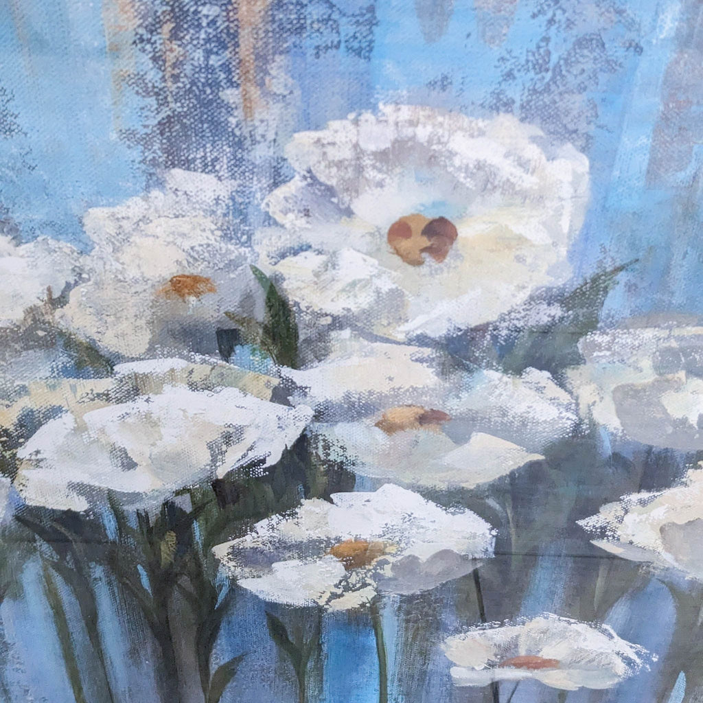 Close-up of white daisies on a blue, textured Art.com painting, capturing intricate details.
