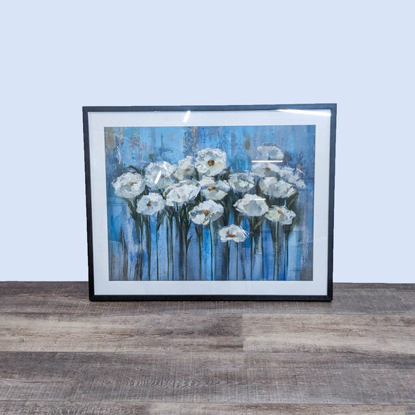 Framed floral painting with daisies on a blue background, designed by an Art.com craftsman.