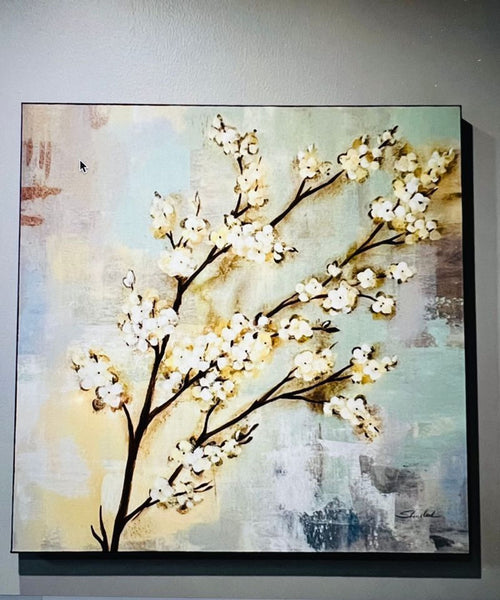Cherry blossom branches on a soft pastel background canvas. Square shape.