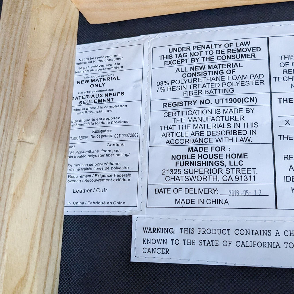 Label on the Reperch dining chair detailing material composition and manufacturer info from Noble House.