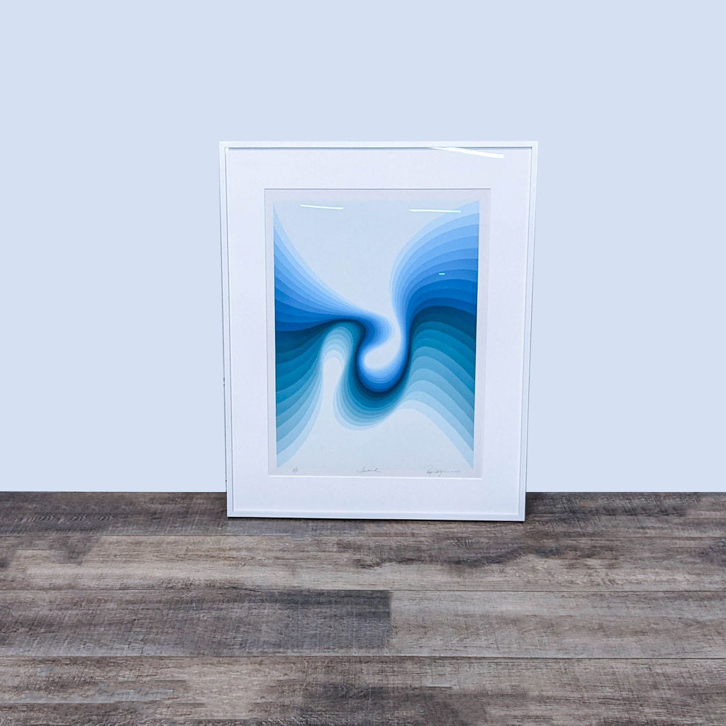 Framed 1977 Roy Ahlgren serigraph titled “Seabird” in shades of blue.