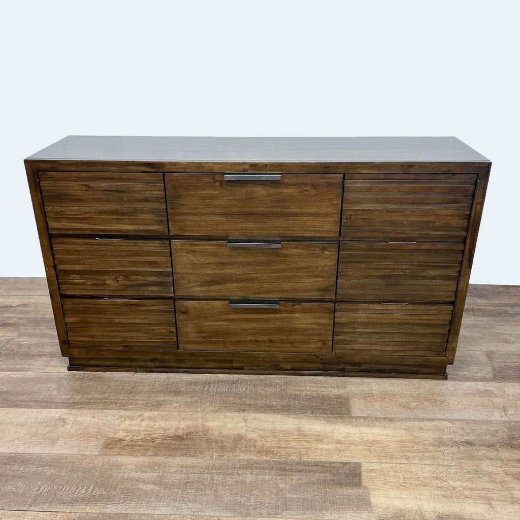 1. Six-drawer walnut dresser with metal handles and wood grain details.