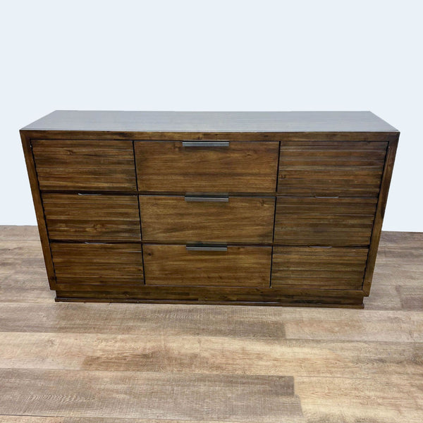 1. Six-drawer walnut dresser with metal handles and wood grain details.