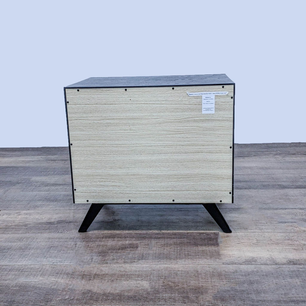 2. Rear view of Modway end table showing light wood back panel attached with screws and splayed black legs.