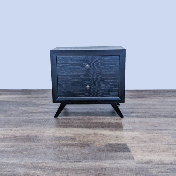 1. Black Modway end table with two drawers, splayed legs, and beveled edges, made of wood and rubberwood.