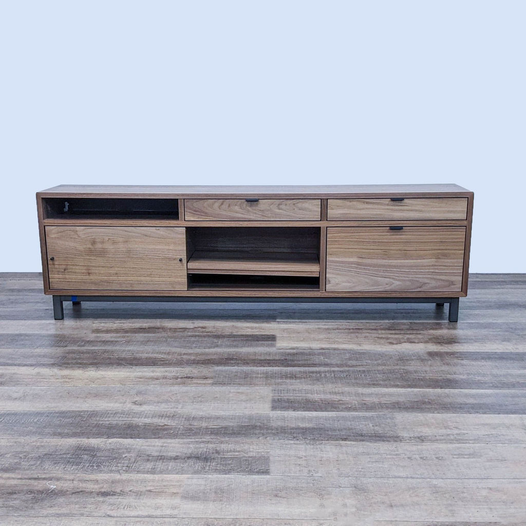 Copenhagen file bench with file drawer, shelves, sliding door, and cord openings.