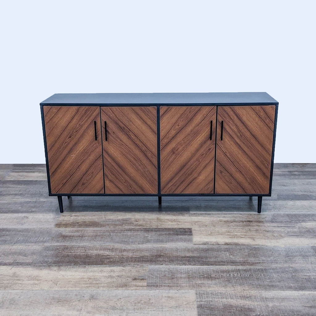 Mid-Century sideboard with faux-bookmatch doors and sleek black accents.