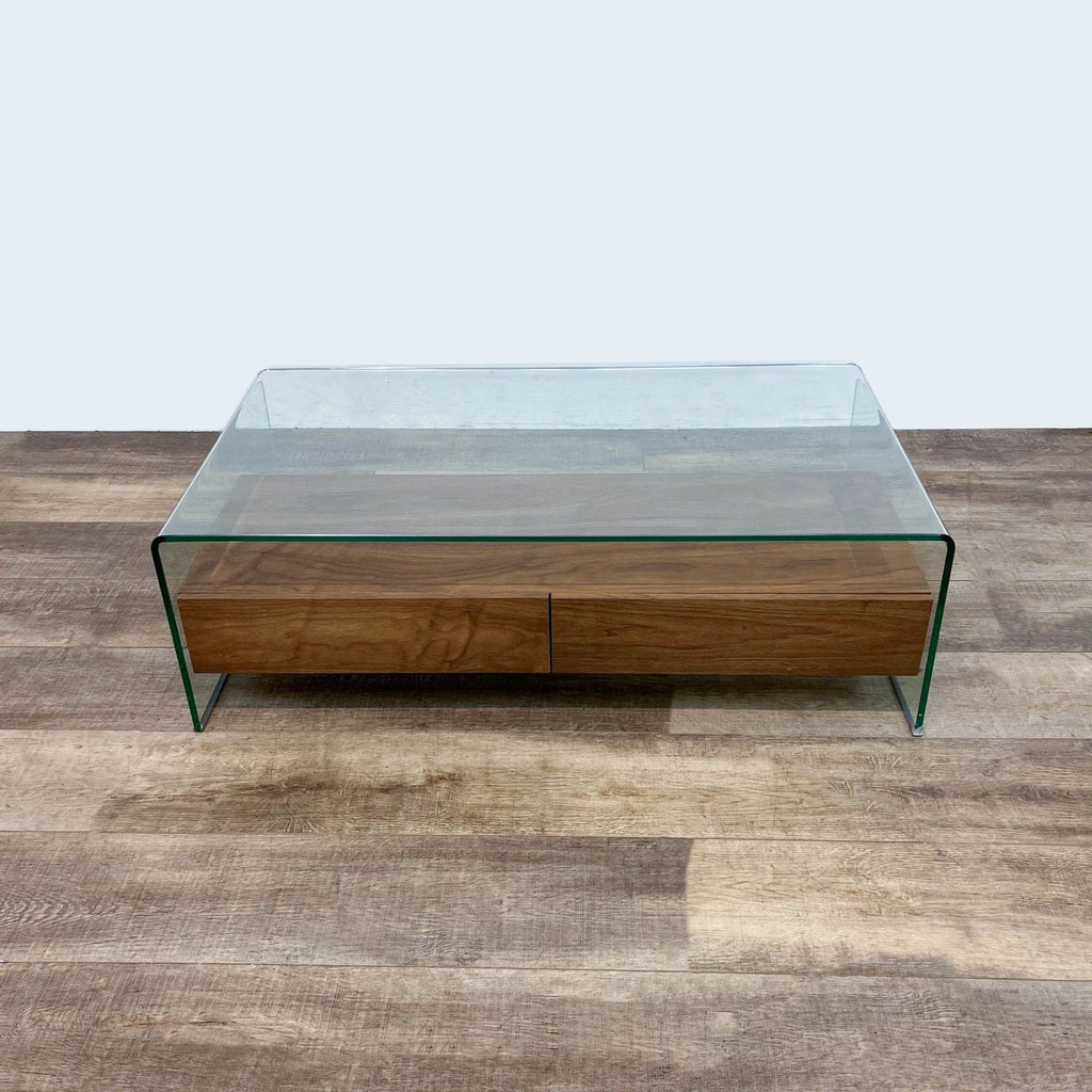 1. Glass waterfall coffee table with walnut drawers beneath by Zuo Modern.