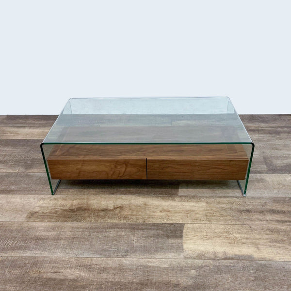 1. Glass waterfall coffee table with walnut drawers beneath by Zuo Modern.