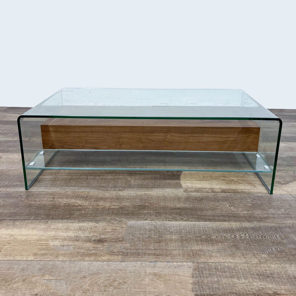 3. Sleek glass coffee table with hidden walnut drawers by Zuo Modern.