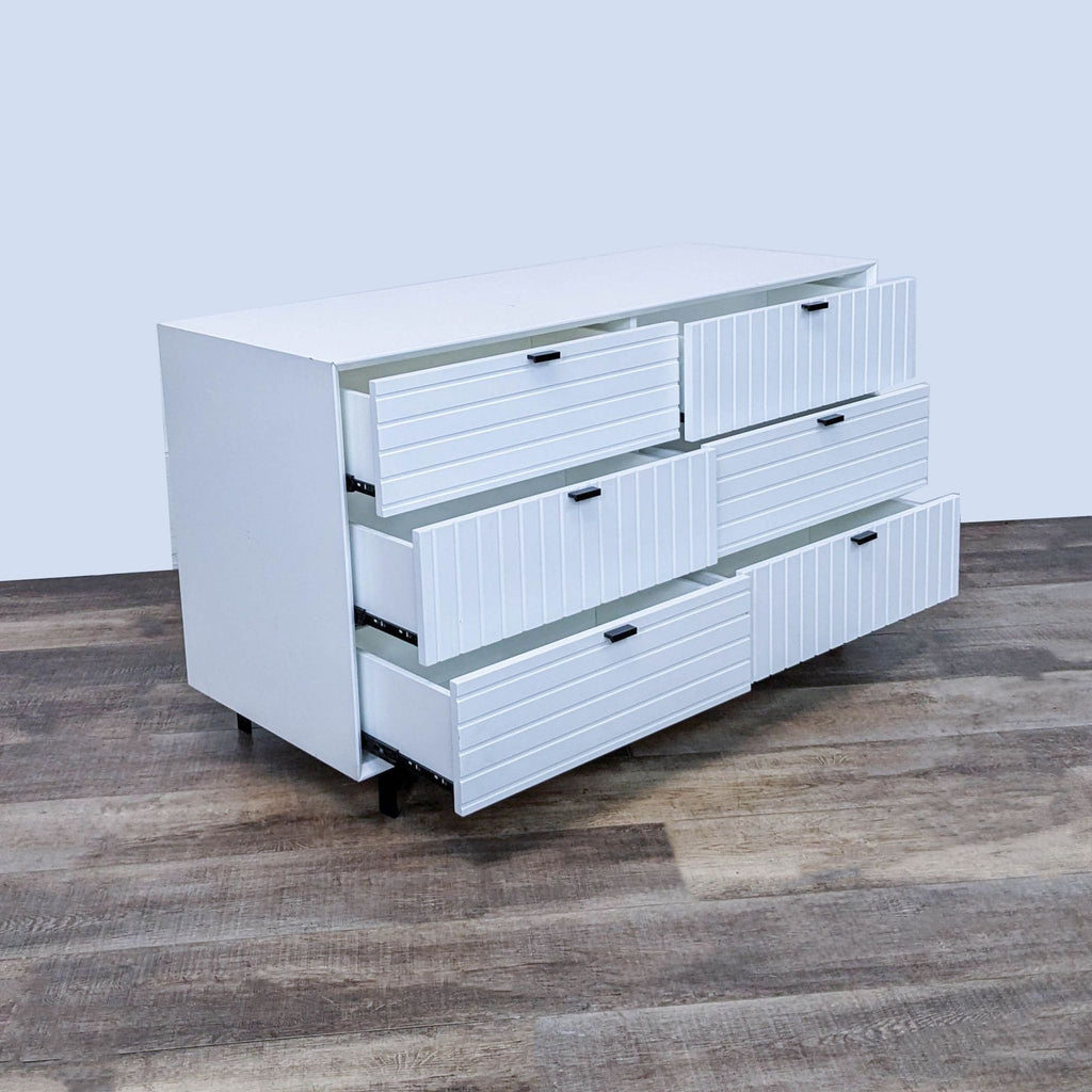 Six-drawer contemporary dresser with open drawers, featuring ridged fronts and black handles, by VIG Furniture.