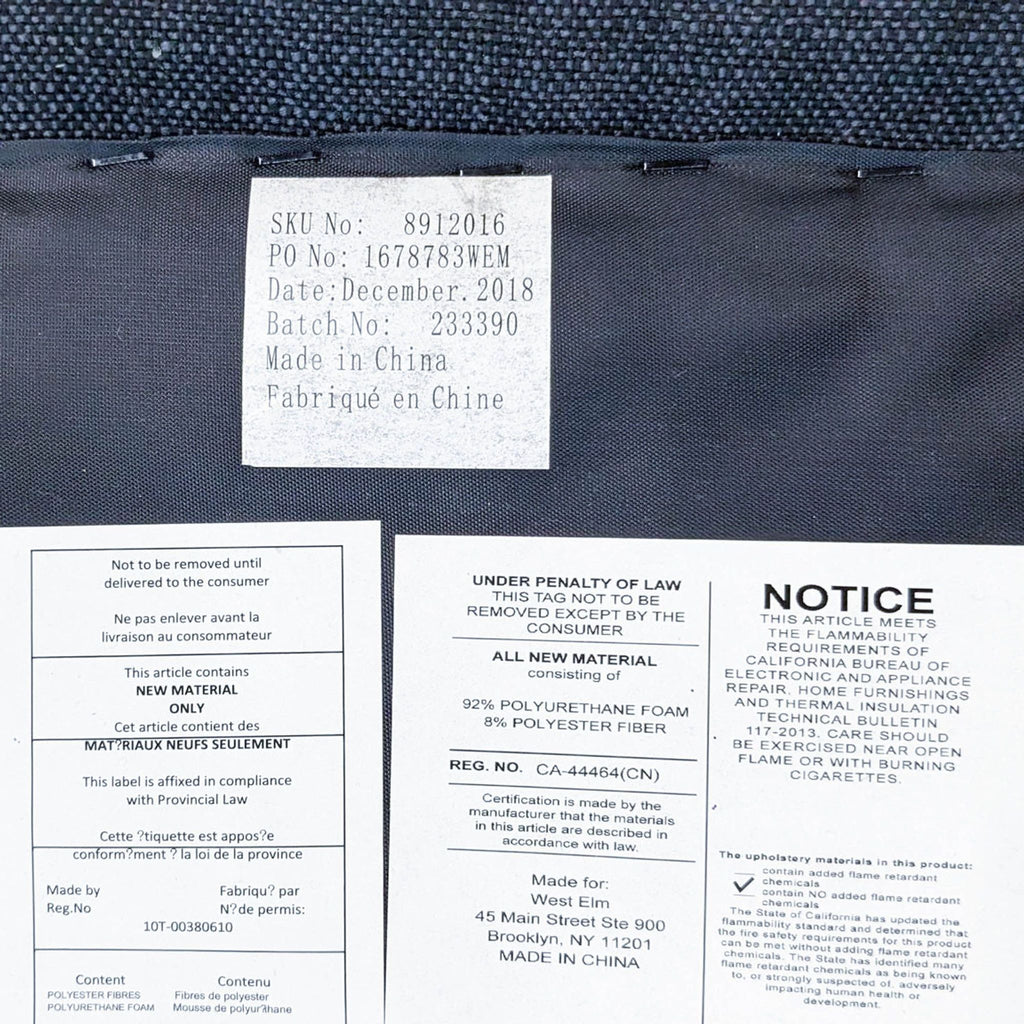 Close-up of the labels on the Ellis side chair, detailing material and manufacturing info.
