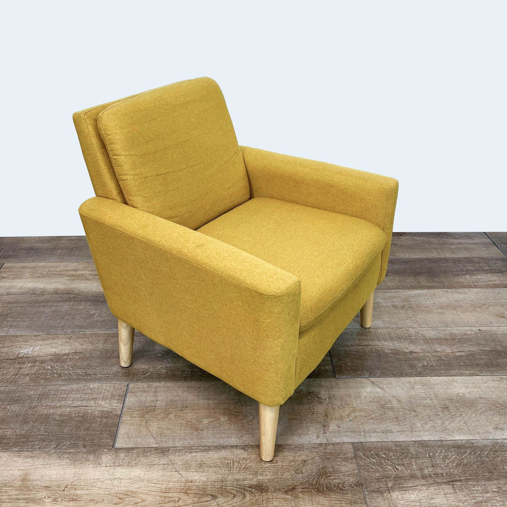 Modern yellow lounge chair with natural finish wood legs.