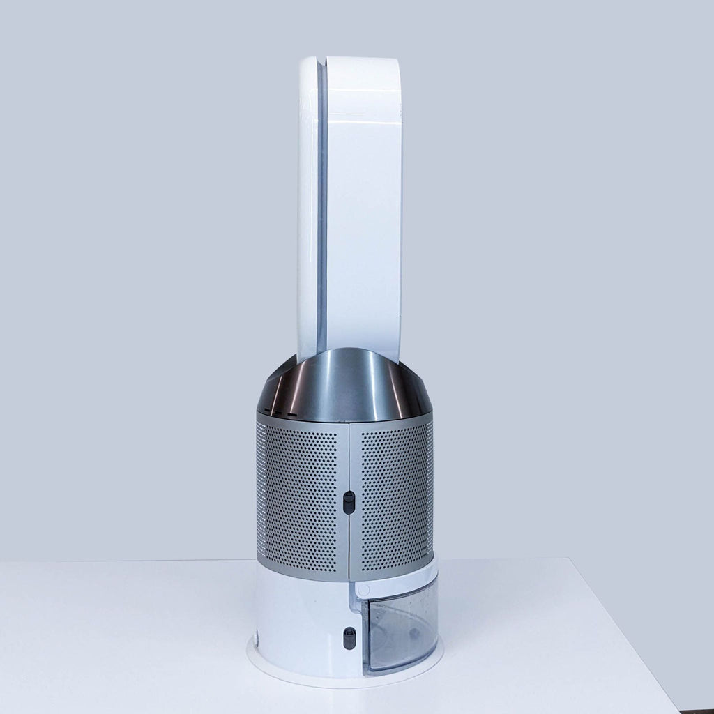 Side view of Dyson fan showcasing its modern design and air filtration section.